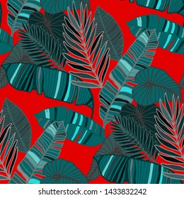 Hand drawn seamless pattern with tropical leaves: palms, monstera, passion fruit. Beautiful allover print with hand drawn exotic plants. Swimwear botanical design. Vector for any purposes