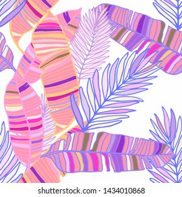 Hand drawn seamless pattern with tropical leaves: palms, monstera, passion fruit. Beautiful allover print with hand drawn exotic plants. Swimwear botanical design. Vector for any purposes