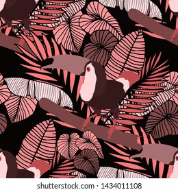 Hand drawn seamless pattern with tropical leaves: palms, monstera, passion fruit. Beautiful allover print with hand drawn exotic plants and animals. Swimwear botanical design. Vector for any purposes
