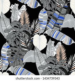 Hand drawn seamless pattern with tropical leaves: palms, monstera, passion fruit. Beautiful allover print with hand drawn exotic plants. Swimwear botanical design. Vector for any purposes