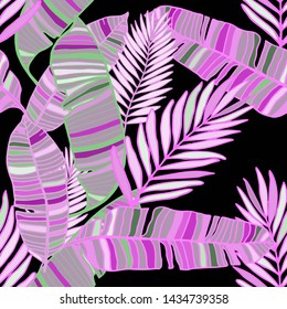 Hand drawn seamless pattern with tropical leaves: palms, monstera, passion fruit. Beautiful allover print with hand drawn exotic plants. Swimwear botanical design. Vector for any purposes