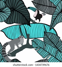 Hand drawn seamless pattern with tropical leaves: palms, monstera, passion fruit. Beautiful allover print with hand drawn exotic plants and animals. Swimwear botanical design. Vector for any purposes