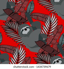 Hand drawn seamless pattern with tropical leaves: palms, monstera, passion fruit. Beautiful allover print with hand drawn exotic plants and animals. Swimwear botanical design. Vector for any purposes