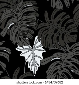 Hand drawn seamless pattern with tropical leaves: palms, monstera, passion fruit. Beautiful allover print with hand drawn exotic plants and animals. Swimwear botanical design. Vector for any purposes