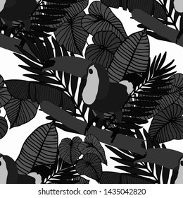 Hand drawn seamless pattern with tropical leaves: palms, monstera, passion fruit. Beautiful allover print with hand drawn exotic plants and animals. Swimwear botanical design. Vector for any purposes