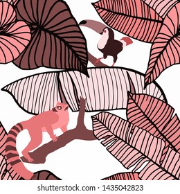 Hand drawn seamless pattern with tropical leaves: palms, monstera, passion fruit. Beautiful allover print with hand drawn exotic plants and animals. Swimwear botanical design. Vector for any purposes