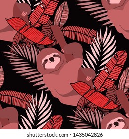 Hand drawn seamless pattern with tropical leaves: palms, monstera, passion fruit. Beautiful allover print with hand drawn exotic plants and animals. Swimwear botanical design. Vector for any purposes