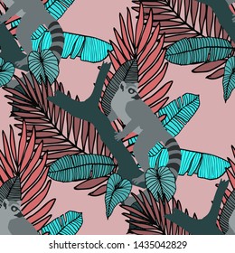 Hand drawn seamless pattern with tropical leaves: palms, monstera, passion fruit. Beautiful allover print with hand drawn exotic plants and animals. Swimwear botanical design. Vector for any purposes