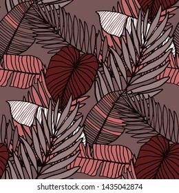 Hand drawn seamless pattern with tropical leaves: palms, monstera, passion fruit. Beautiful allover print with hand drawn exotic plants. Swimwear botanical design. Vector for any purposes
