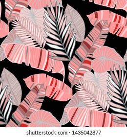 Hand drawn seamless pattern with tropical leaves: palms, monstera, passion fruit. Beautiful allover print with hand drawn exotic plants. Swimwear botanical design. Vector for any purposes