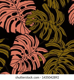 Hand drawn seamless pattern with tropical leaves: palms, monstera, passion fruit. Beautiful allover print with hand drawn exotic plants. Swimwear botanical design. Vector for any purposes