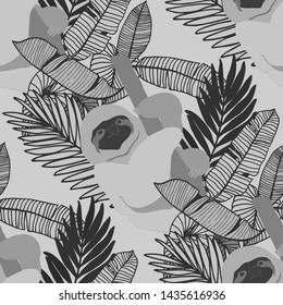 Hand drawn seamless pattern with tropical leaves: palms, monstera, passion fruit. Beautiful allover print with hand drawn exotic plants and animals. Swimwear botanical design. Vector for any purposes