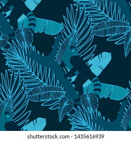 Hand drawn seamless pattern with tropical leaves: palms, monstera, passion fruit. Beautiful allover print with hand drawn exotic plants and animals. Swimwear botanical design. Vector for any purposes