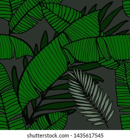 Hand drawn seamless pattern with tropical leaves: palms, monstera, passion fruit. Beautiful allover print with hand drawn exotic plants. Swimwear botanical design. Vector for any purposes