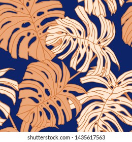 Hand drawn seamless pattern with tropical leaves: palms, monstera, passion fruit. Beautiful allover print with hand drawn exotic plants. Swimwear botanical design. Vector for any purposes
