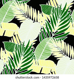 Hand drawn seamless pattern with tropical leaves: palms, monstera, passion fruit. Beautiful allover print with hand drawn exotic plants. Swimwear botanical design. Vector for any purposes