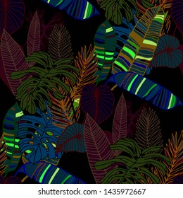 Hand drawn seamless pattern with tropical leaves: palms, monstera, passion fruit. Beautiful allover print with hand drawn exotic plants. Swimwear botanical design. Vector for any purposes