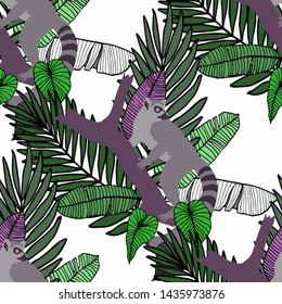 Hand drawn seamless pattern with tropical leaves: palms, monstera, passion fruit. Beautiful allover print with hand drawn exotic plants and animals. Swimwear botanical design. Vector for any purposes