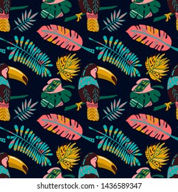 Hand drawn seamless pattern with tropical leaves and tucan.