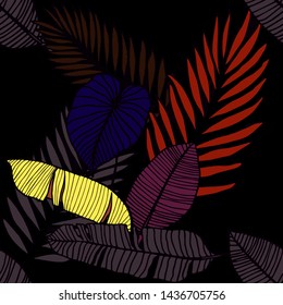Hand drawn seamless pattern with tropical leaves: palms, monstera, passion fruit. Beautiful allover print with hand drawn exotic plants. Swimwear botanical design. Vector for any purposes
