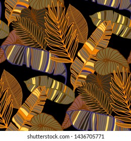 Hand drawn seamless pattern with tropical leaves: palms, monstera, passion fruit. Beautiful allover print with hand drawn exotic plants. Swimwear botanical design. Vector for any purposes