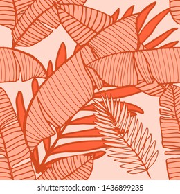 Hand drawn seamless pattern with tropical leaves: palms, monstera, passion fruit. Beautiful allover print with hand drawn exotic plants. Swimwear botanical design. Vector for any purposes