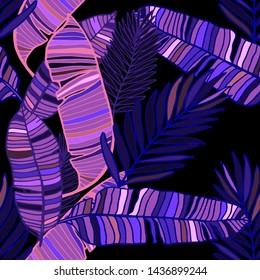 Hand drawn seamless pattern with tropical leaves: palms, monstera, passion fruit. Beautiful allover print with hand drawn exotic plants. Swimwear botanical design. Vector for any purposes