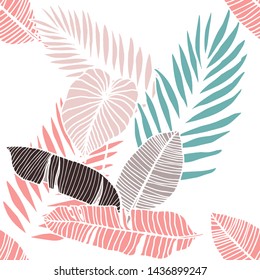 Hand drawn seamless pattern with tropical leaves: palms, monstera, passion fruit. Beautiful allover print with hand drawn exotic plants. Swimwear botanical design. Vector for any purposes