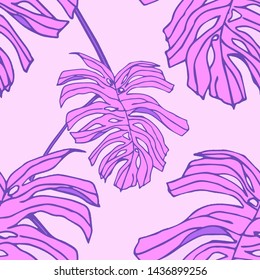 Hand drawn seamless pattern with tropical leaves: palms, monstera, passion fruit. Beautiful allover print with hand drawn exotic plants. Swimwear botanical design. Vector for any purposes