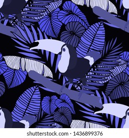 Hand drawn seamless pattern with tropical leaves: palms, monstera, passion fruit. Beautiful allover print with hand drawn exotic plants and animals. Swimwear botanical design. Vector for any purposes