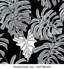 Hand drawn seamless pattern with tropical leaves: palms, monstera, passion fruit. Beautiful allover print with hand drawn exotic plants. Swimwear botanical design. Vector for any purposes