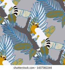 Hand drawn seamless pattern with tropical leaves: palms, monstera, passion fruit. Beautiful allover print with hand drawn exotic plants and animals. Swimwear botanical design. Vector for any purposes