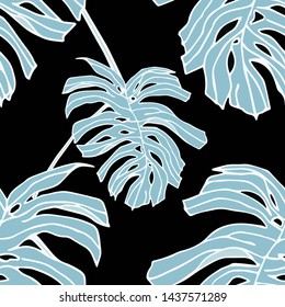 Hand drawn seamless pattern with tropical leaves: palms, monstera, passion fruit. Beautiful allover print with hand drawn exotic plants. Swimwear botanical design. Vector for any purposes