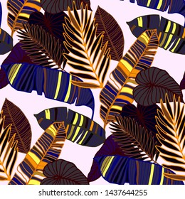 Hand drawn seamless pattern with tropical leaves: palms, monstera, passion fruit. Beautiful allover print with hand drawn exotic plants. Swimwear botanical design. Vector for any purposes