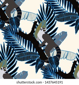 Hand drawn seamless pattern with tropical leaves: palms, monstera, passion fruit. Beautiful allover print with hand drawn exotic plants. Swimwear botanical design. Vector for any purposes
