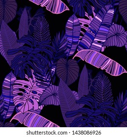 Hand drawn seamless pattern with tropical leaves: palms, monstera, passion fruit. Beautiful allover print with hand drawn exotic plants. Swimwear botanical design. Vector for any purposes