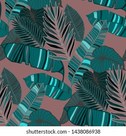 Hand drawn seamless pattern with tropical leaves: palms, monstera, passion fruit. Beautiful allover print with hand drawn exotic plants. Swimwear botanical design. Vector for any purposes