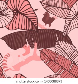 Hand drawn seamless pattern with tropical leaves: palms, monstera, passion fruit. Beautiful allover print with hand drawn exotic plants and animals. Swimwear botanical design. Vector for any purposes