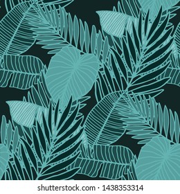 Hand drawn seamless pattern with tropical leaves: palms, monstera, passion fruit. Beautiful allover print with hand drawn exotic plants. Swimwear botanical design. Vector for any purposes