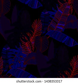 Hand drawn seamless pattern with tropical leaves: palms, monstera, passion fruit. Beautiful allover print with hand drawn exotic plants. Swimwear botanical design. Vector for any purposes