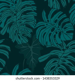 Hand drawn seamless pattern with tropical leaves: palms, monstera, passion fruit. Beautiful allover print with hand drawn exotic plants. Swimwear botanical design. Vector for any purposes