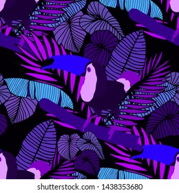 Hand drawn seamless pattern with tropical leaves: palms, monstera, passion fruit. Beautiful allover print with hand drawn exotic plants and animals. Swimwear botanical design. Vector for any purposes