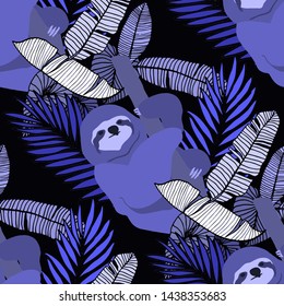 Hand drawn seamless pattern with tropical leaves: palms, monstera, passion fruit. Beautiful allover print with hand drawn exotic plants and animals. Swimwear botanical design. Vector for any purposes