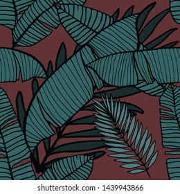 Hand drawn seamless pattern with tropical leaves: palms, monstera, passion fruit. Beautiful allover print with hand drawn exotic plants. Swimwear botanical design. Vector for any purposes