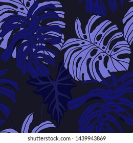 Hand drawn seamless pattern with tropical leaves: palms, monstera, passion fruit. Beautiful allover print with hand drawn exotic plants. Swimwear botanical design. Vector for any purposes