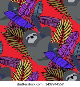 Hand drawn seamless pattern with tropical leaves: palms, monstera, passion fruit. Beautiful allover print with hand drawn exotic plants and animals. Swimwear botanical design. Vector for any purposes