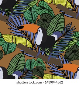 Hand drawn seamless pattern with tropical leaves: palms, monstera, passion fruit. Beautiful allover print with hand drawn exotic plants and animals. Swimwear botanical design. Vector for any purposes