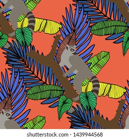 Hand drawn seamless pattern with tropical leaves: palms, monstera, passion fruit. Beautiful allover print with hand drawn exotic plants and animals. Swimwear botanical design. Vector for any purposes