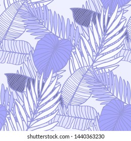 Hand drawn seamless pattern with tropical leaves: palms, monstera, passion fruit. Beautiful allover print with hand drawn exotic plants. Swimwear botanical design. Vector for any purposes