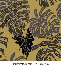 Hand drawn seamless pattern with tropical leaves: palms, monstera, passion fruit. Beautiful allover print with hand drawn exotic plants. Swimwear botanical design. Vector for any purposes